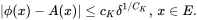 StartAbsoluteValue phi left-parenthesis x right-parenthesis minus upper A left-parenthesis x right-parenthesis EndAbsoluteValue less-than-or-equal-to c Subscript upper K Baseline delta Superscript 1 slash upper C Super Subscript upper K Superscript Baseline comma x element-of upper E period