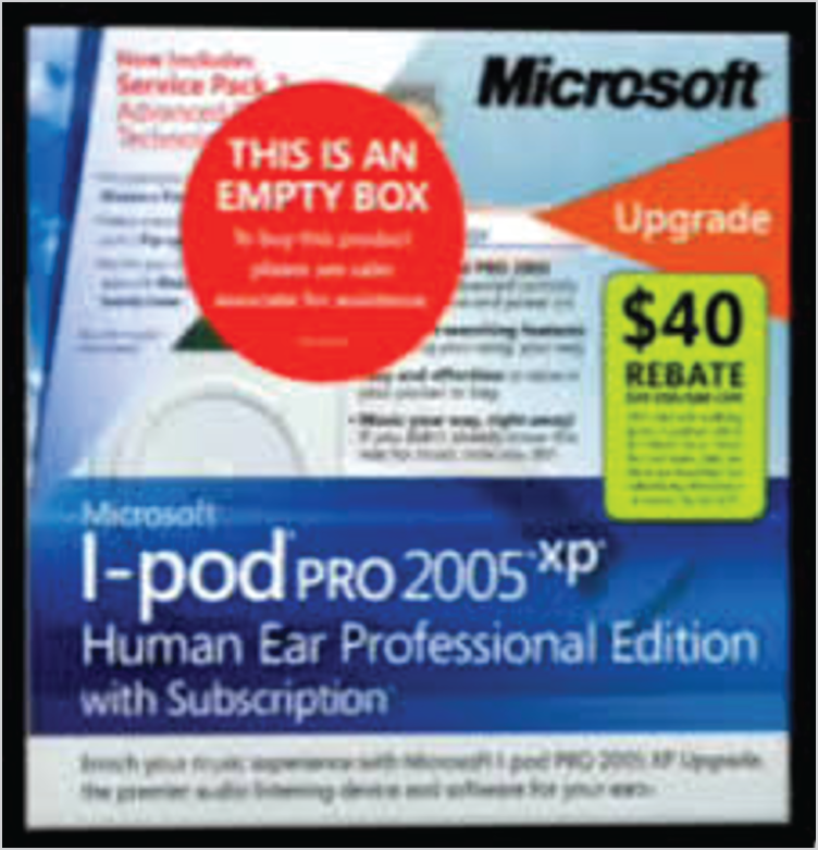 An illustration of Parody iPod advertisement mimicking Microsoft design.