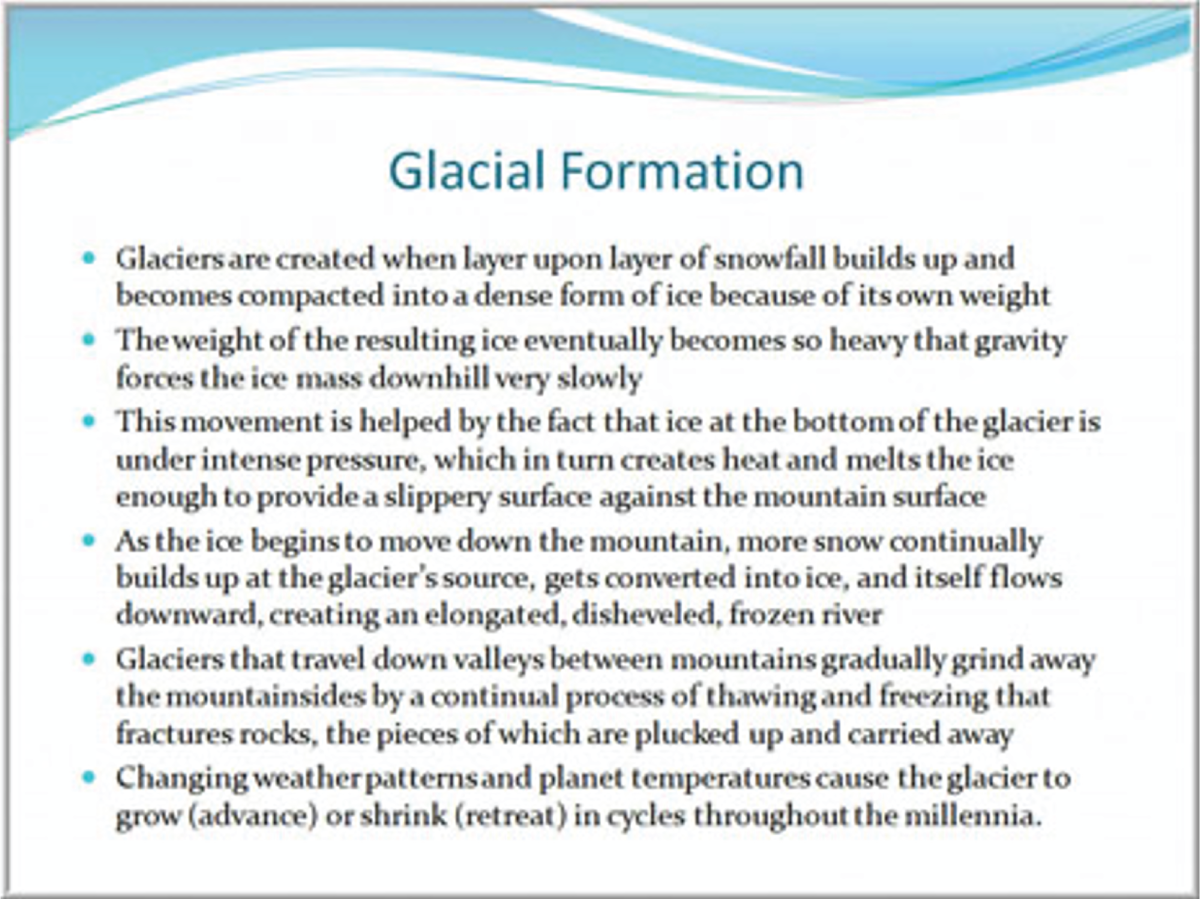 An illustration of Slides with a wall of bullet points describing glacial formations.