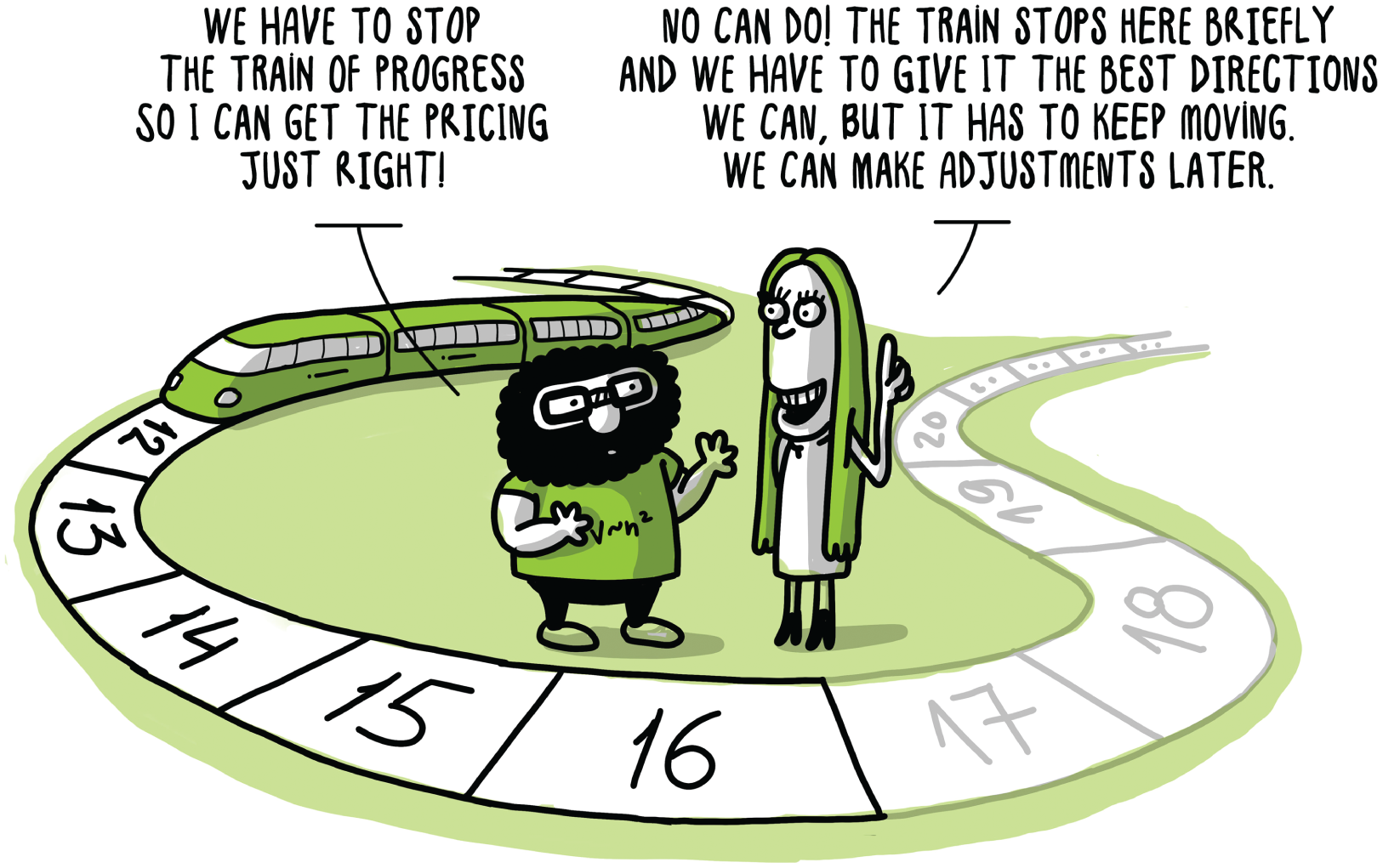 A diagrammatic representation of two people having a conversation on a railway track is made by numbers. It mentions we have to stop the train of progress so I can get the pricing just right!