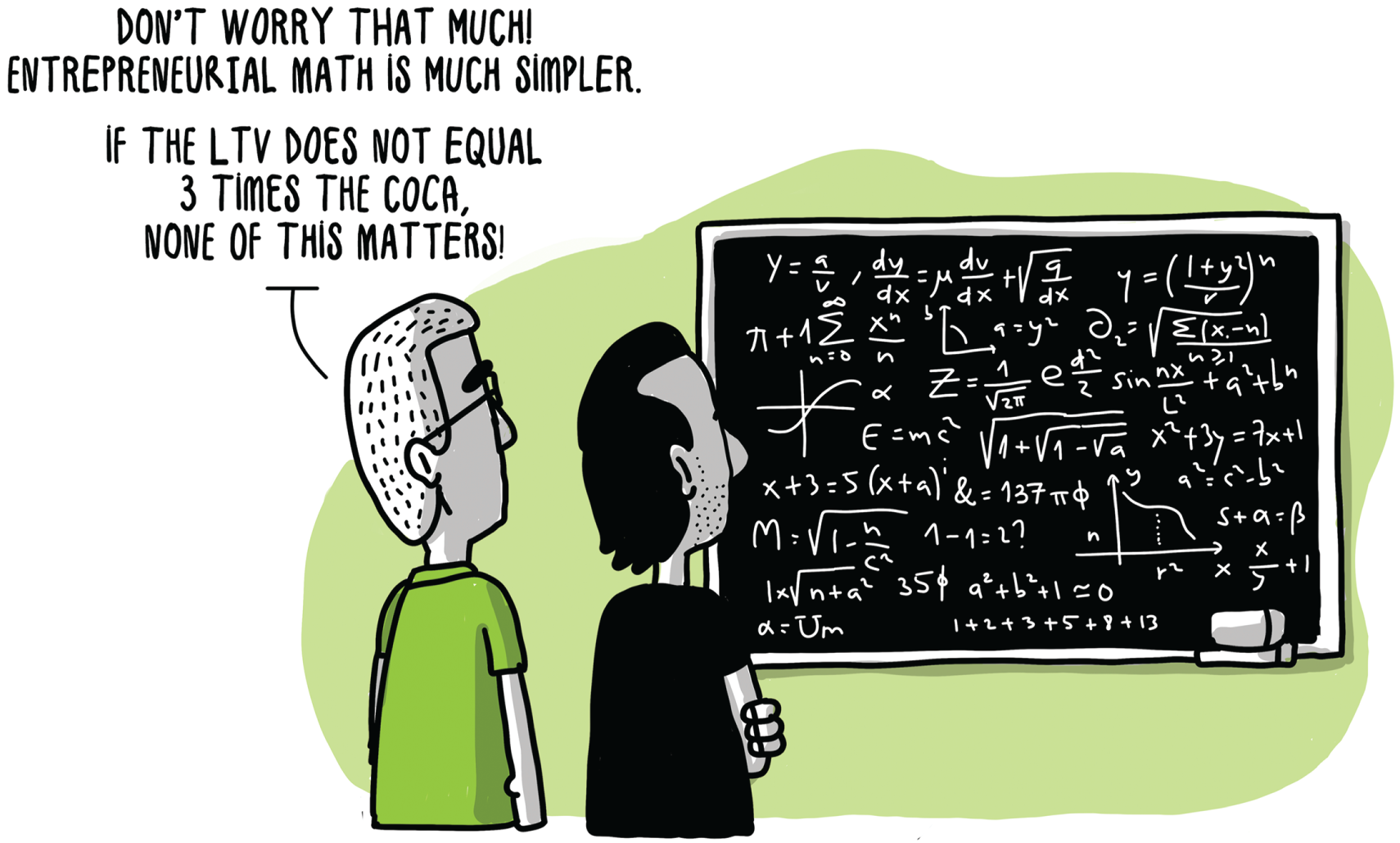 A diagrammatic representation of two men watching a board. The board is full of mathematical equations and formulas. It mentions don't worry that entrepreneurial math is much simpler.