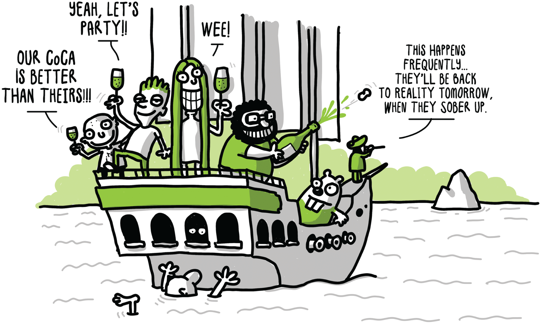 A diagrammatic representation of a boat full of people enjoying party glasses. It mention our coca is better than theirs, yeah, lets party, and wee!