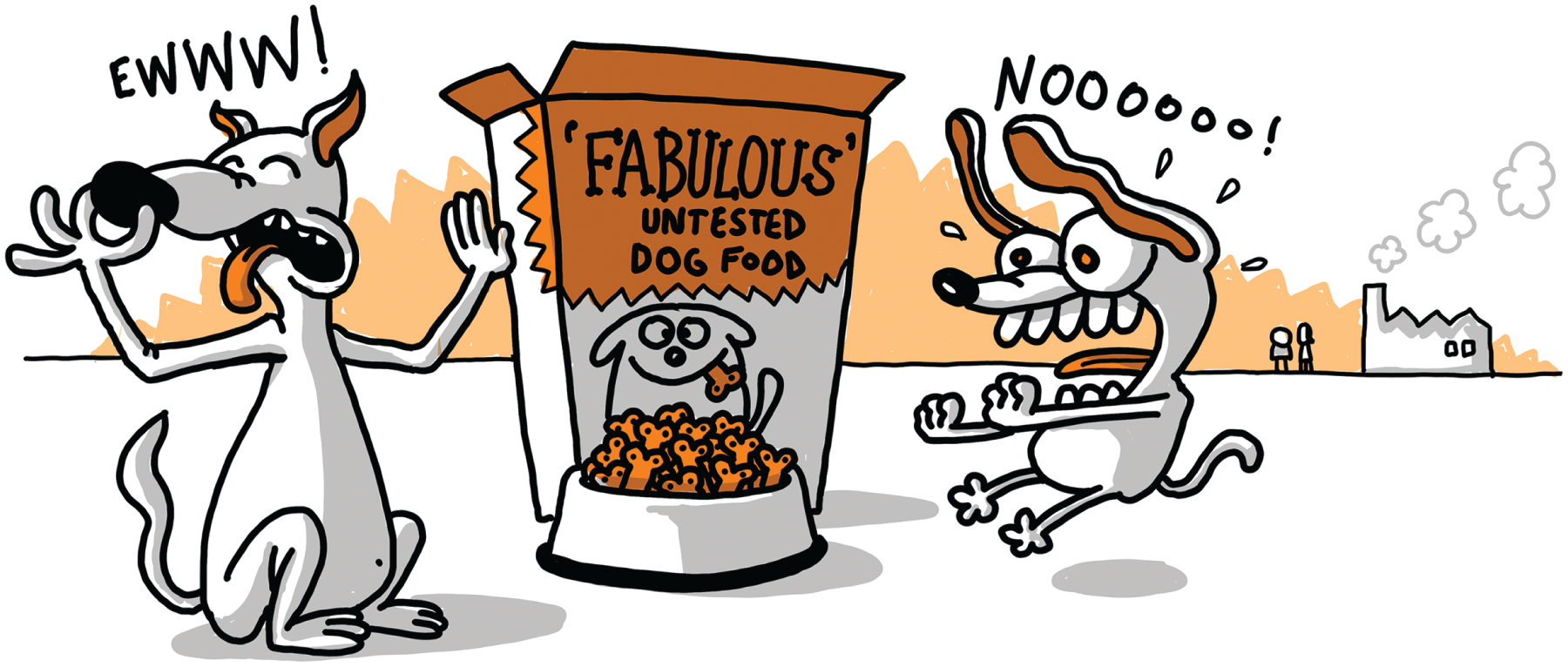 A diagrammatic representation of two dogs excited by seeing fabulous untested dog food. It mentions the thought of two dogs as Ewww!, and Noooo.