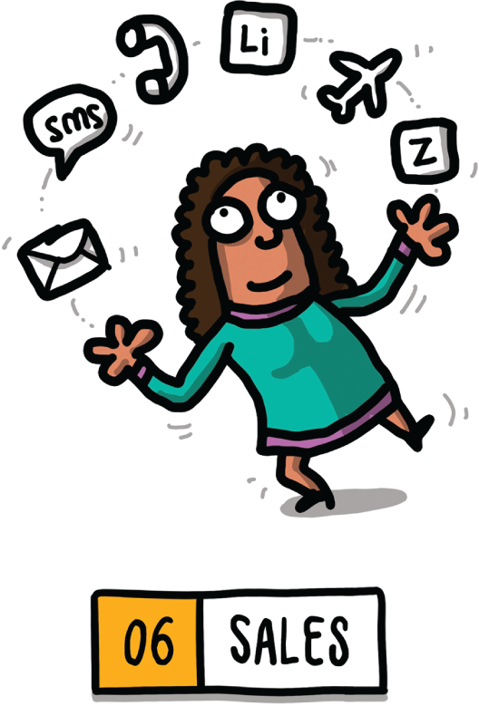 A diagrammatic representation of a girl holding message SMS, phone, and airplane applications. It mentions six sales.