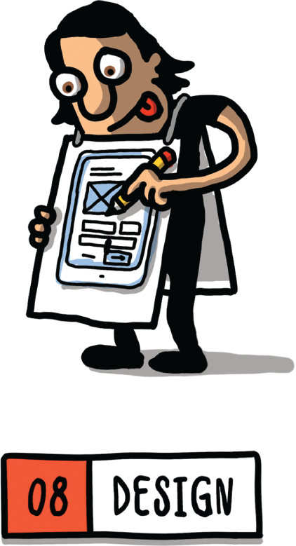 A cartoon illustration of a person drawing a design. The text below reads, 08, design.