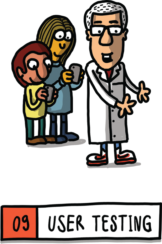 A cartoon illustration of a person explaining to two persons. The two persons are looking at mobile phones.