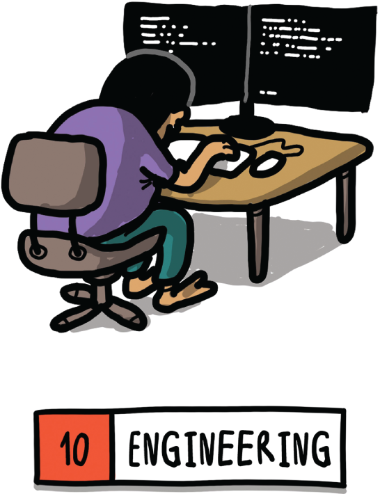 A cartoon illustration of a person working on a two-monitor computer while sitting at a table. The text below reads, 10 engineering.