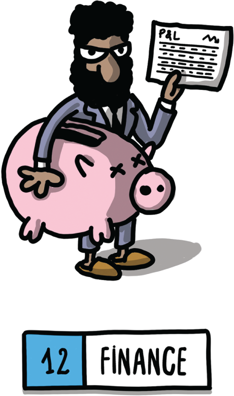 A cartoon illustration of a person holding a piggy bank and a paper. The text below reads, 12 finance.