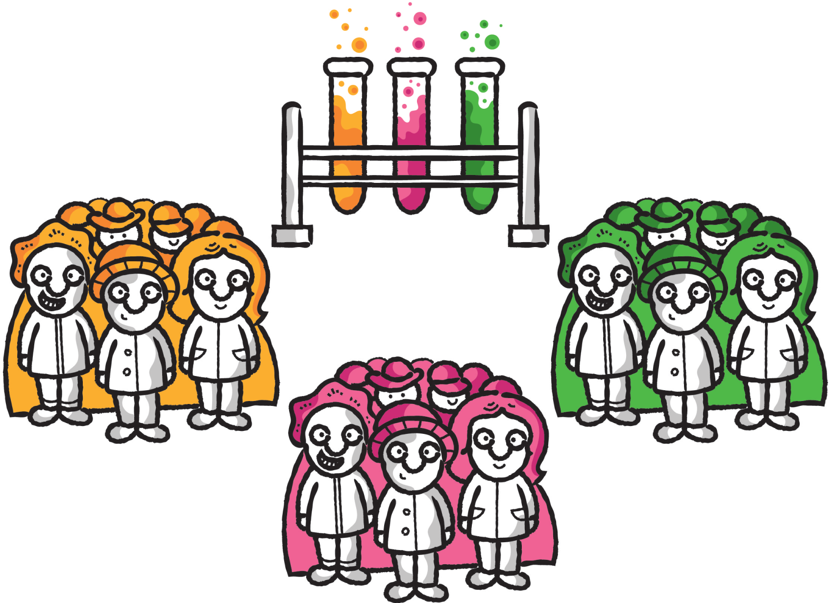 A cartoon illustration represent three groups of people on the center, right, and left sides. Three test tubes placed in the holder on the top center.