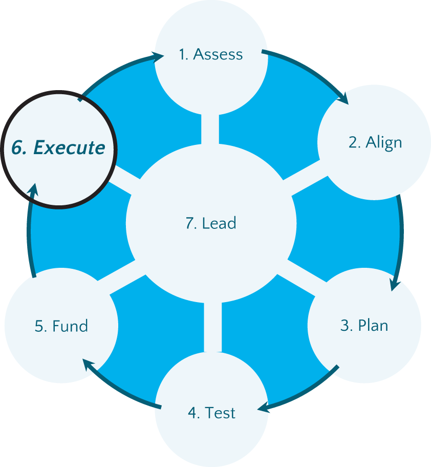 A circle diagram represents the following. 1. Assess. 2. Align. 3. Plan. 4. Test. 5. Fund. 6. Execute. 7. Lead. Execute is highlighted.