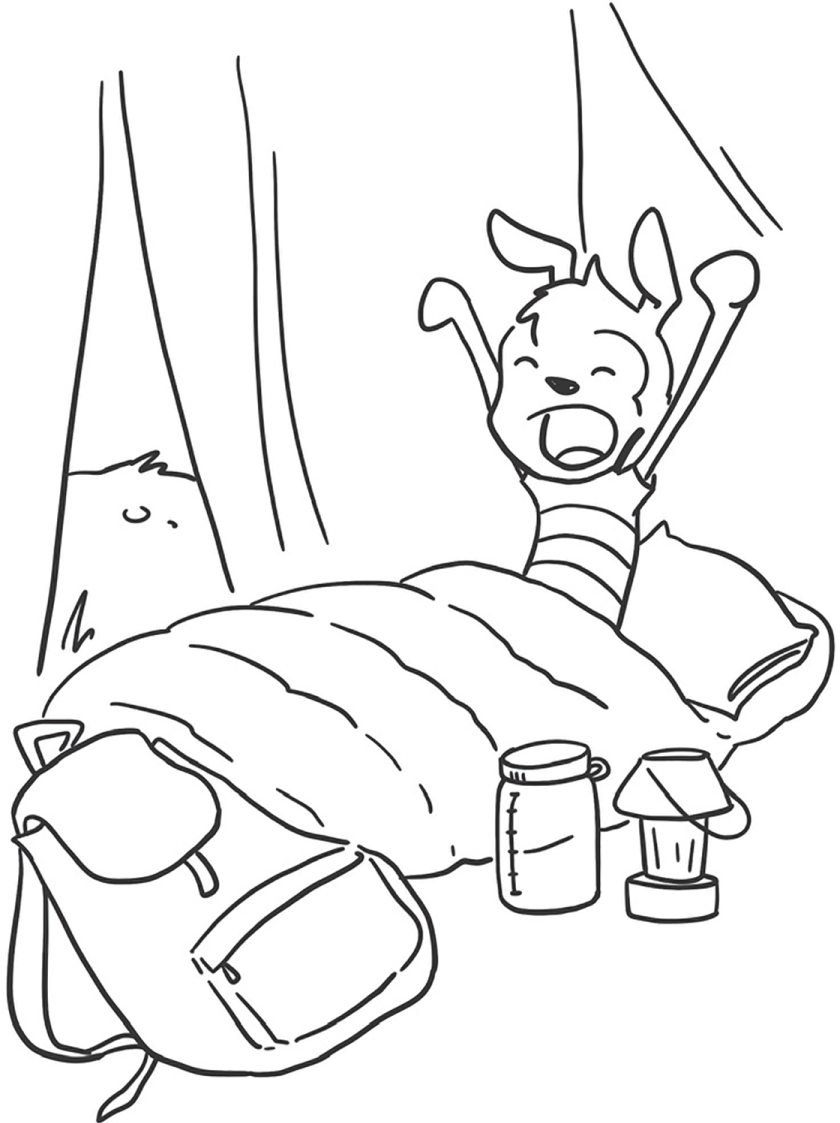 A cartoon illustration of a person waking up from the bed in a tent.