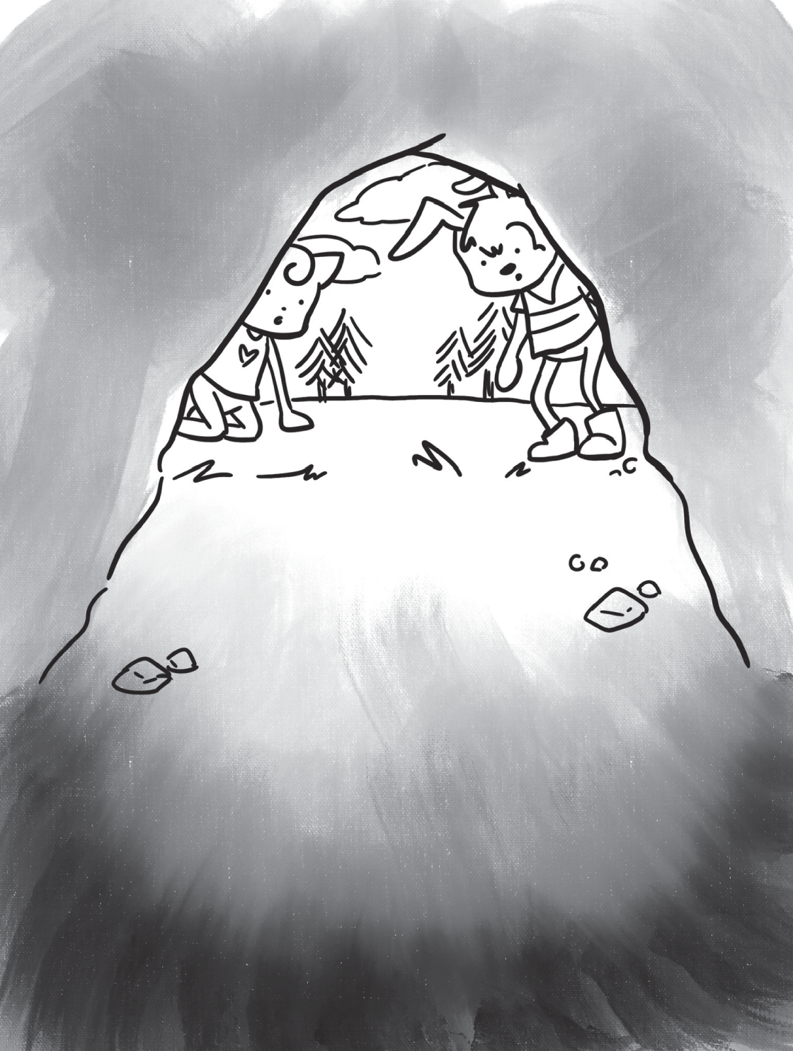 A cartoon illustration of two people standing at top of the mountain.