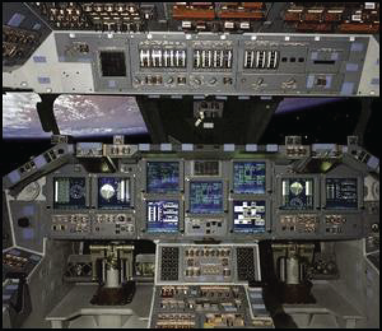 A diagram illustrates, the shuttle cockpit instrument panel is filled with various buttons, switches, and gauges. The top section has buttons and switches with a few gauges scattered throughout. The middle section has a large screen in the center.