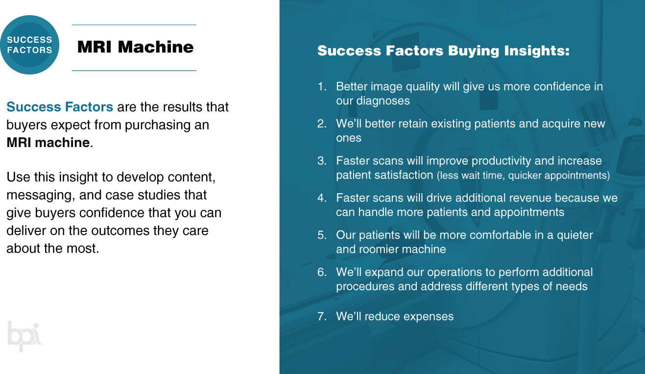 A description explains the success factor summary of the M R I machine. The success factor buying insights with seven points are given on the right. It includes better image quality will give us more confidence in our diagnoses, and faster scans will improve productivity and increase  patient satisfaction.