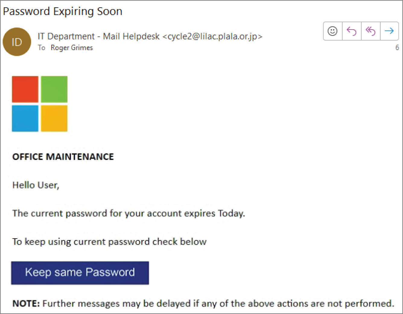 A snapshot of phishing email D N S domain not matching a U R L D N S domain. It is titled as password expiring soon. Keep the same password is the option given below.