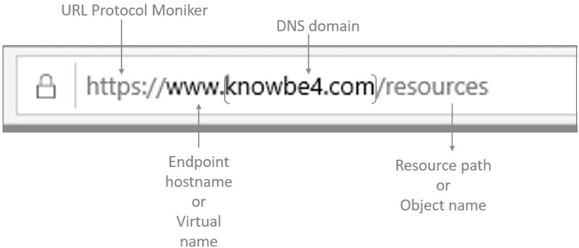 A snapshot of U R L indicating the U R L protocol monitor, D N S domain, endpoint host name, and resource path.