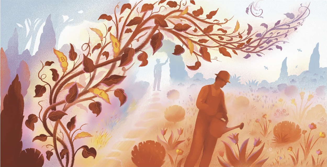 An illustration depicts two people tending to a lush, leafy garden. The foremost person wears a hat and coat, leaning forward while watering plants. The second person stands in the background, shrouded in mist. Vines and leaves arc gracefully across the sky.