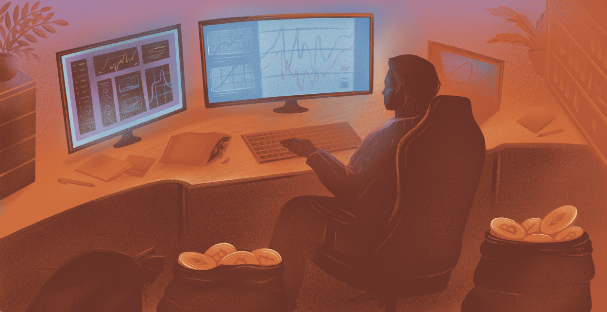 A photograph shows a person sits at a desk with multiple computer monitors displaying charts and graphs. The workspace is dimly lit and cluttered with various items, including bags filled with coins. A cat looks on from the left corner.