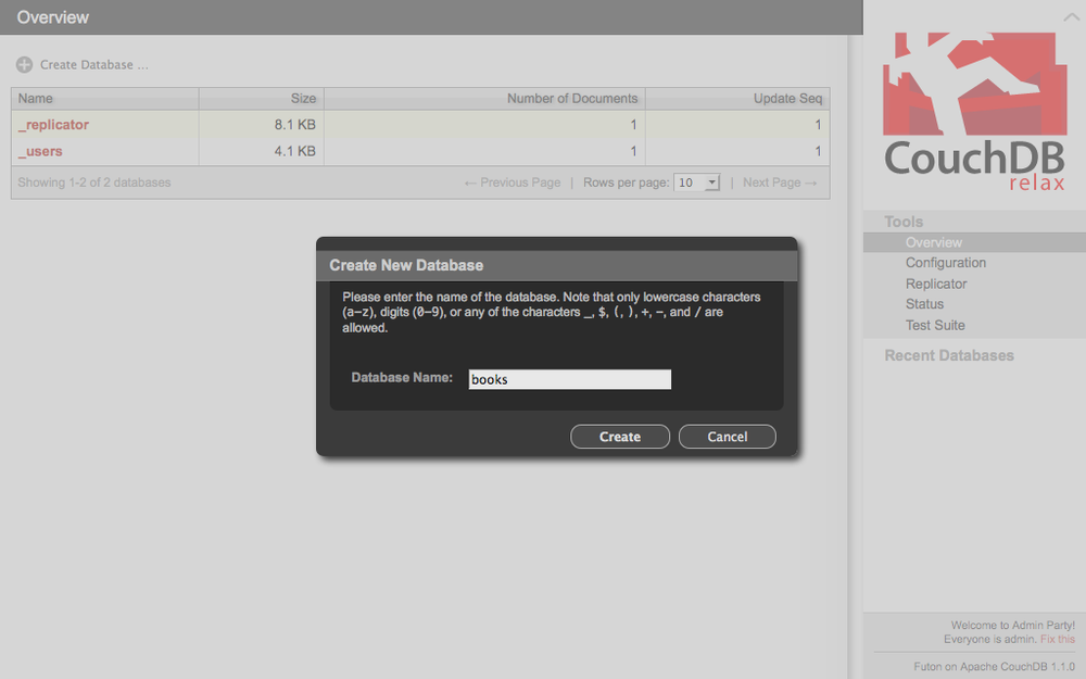 Creating a new database using Futon