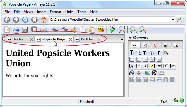 With tabbed editing, your web page editor creates a new tab each time you open a file. You can switch from one page to another by clicking the tabs, which usually sit above the top of the page (and underneath the editor’s menus and toolbars). Here, Amaya has three web pages open at once. To close a document, click the X on the right side of the tab.