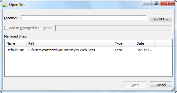 The Open Site dialog box lists all the websites Expression Web knows about. When you run Expression Web for the first time, this list will be empty (except for a nearly useless default website that Expression Web creates the first time you install it). To hunt down one of your sites, you need to click Browse.