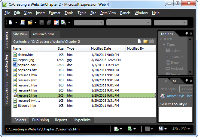 When you open a website folder (here, it’s a folder named C:\Creating a Website\Chapter 2), Expression Web adds a tab that displays all the files in that folder. You can do basic file management here—for example, you can right-click a file to pop open a menu with options to rename or delete the file. You can also double-click a page to open it for editing. At the bottom of the Site View tab, you’ll see buttons that let you publish your website, run a report, or check your links.