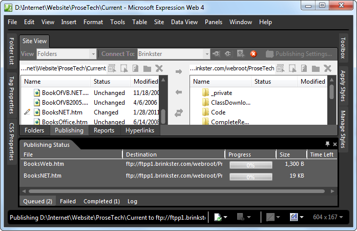 When you publish a website, Expression Web scans your files and copies only the ones you added or changed since the last time you published the site. A progress indicator identifies the file being copied and estimates how long the operation will take.