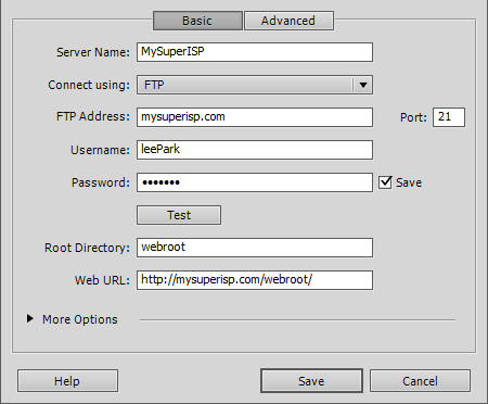 Your web host can supply all the connection information you need. Key details include the address of your FTP server, your user name and password, and the root directory (folder name) of your website on the server.