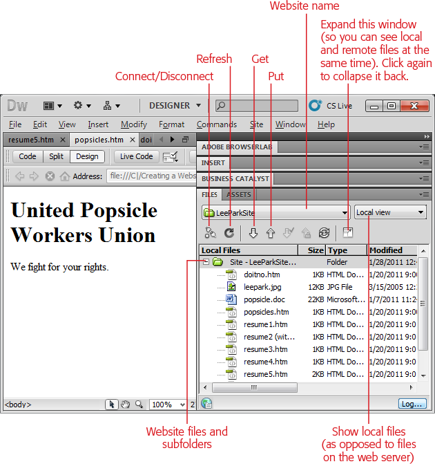 This is the local view of a website named LeeParkSite. It lists all the files in the site folder on your computer. Using the icons in this window, you can quickly transfer files to and from your server.