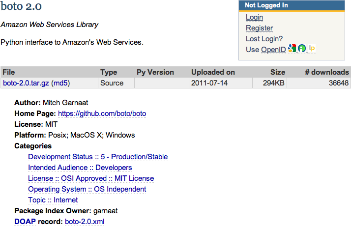 boto Page on PyPI