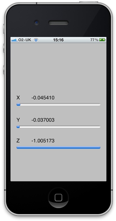 The Accelerometer application running on an iPhone 4 sitting face-up on my desk, measuring a 1-gravity acceleration straight down