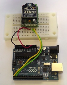 An Arduino Uno and Adafruit XBee adaptor connected together