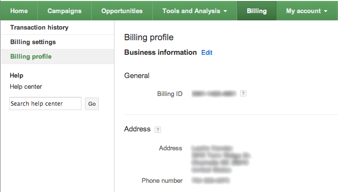 Edit the billing name, address, and phone number in the billing profile