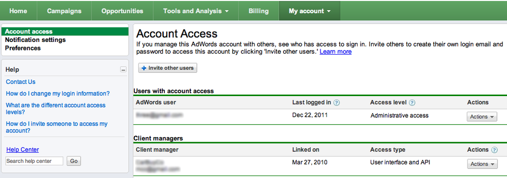 Account access shows who can login to the account