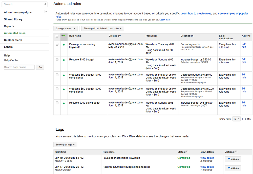 Automated rules appear in the tree view