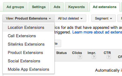 Access different extensions from the drop-down menu under Ad extensions