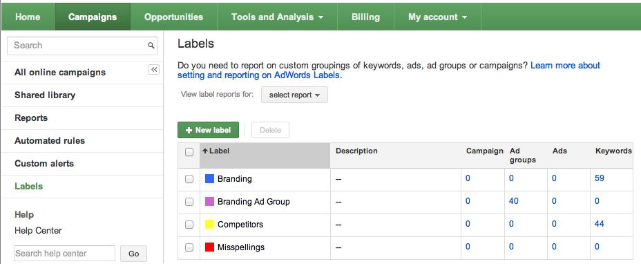 Create and manage labels from the Labels section