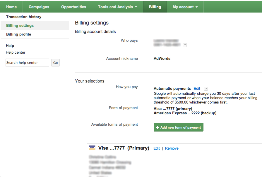 Billing settings show who pays, the payment method, and associated credit cards or bank accounts