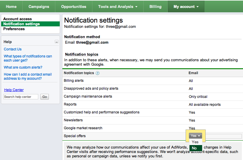 Notification settings let you control how much AdWords can email you