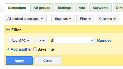 Filter campaigns by average CPC