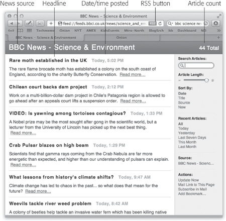 The Article Length slider controls how much text appears for each RSS blurb; if you drag it all the way to the left, you’re left with nothing but headlines. To change the number and order of the articles being displayed, use the sorting options on the right. And if you feel a sudden desire to tell your friends about an amazing RSS feed you’ve just discovered, use the Mail Link to This Page link in the lower-right section of the window.