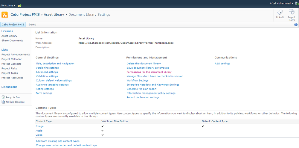 Document Library Settings page