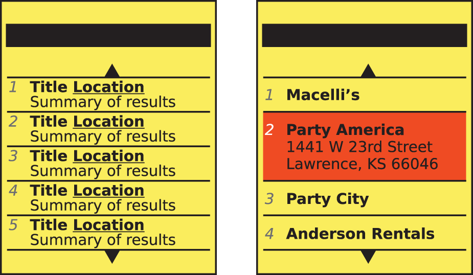 A Returned Results list may be simple, include several lines of information (left), or use display methods such as the Fisheye List to solve display density problems.