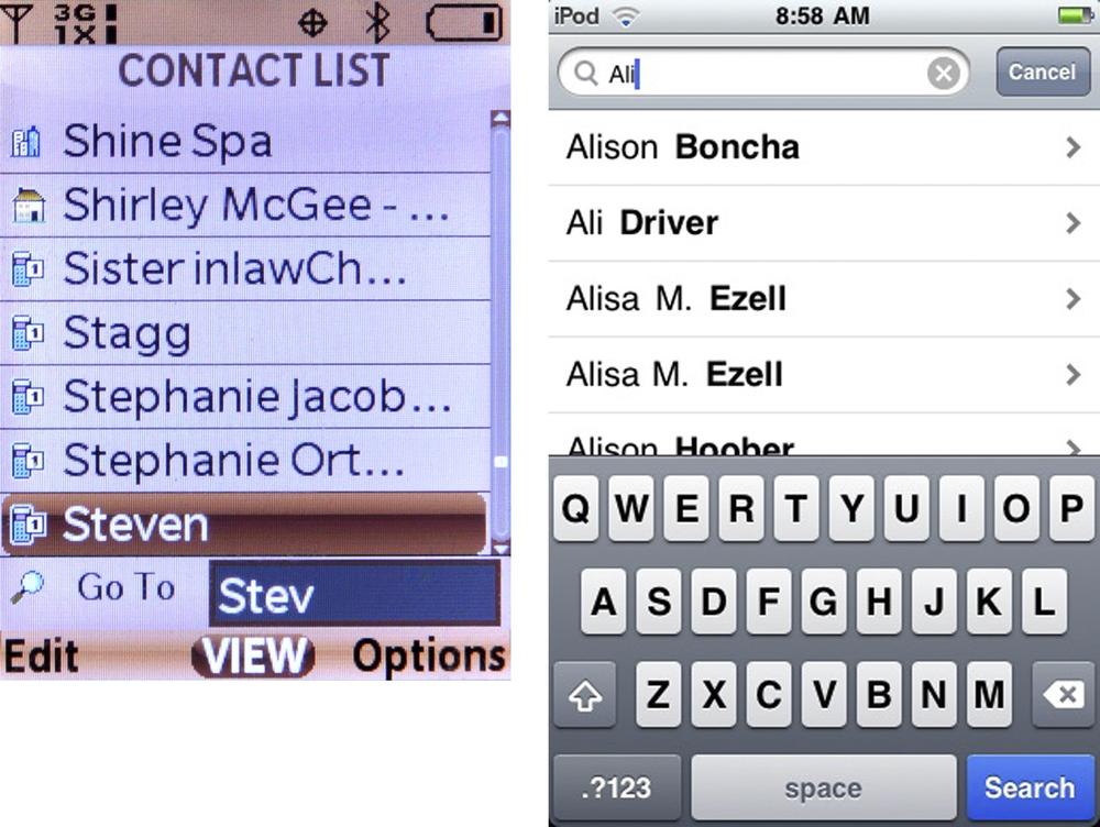 Search within the address book is a modal behavior on some of the newest touch-centric OSes. The fact that it varies from all the other search capabilities on the device, and is more like the classic Search Within pattern, indicates how important and expected the function is.