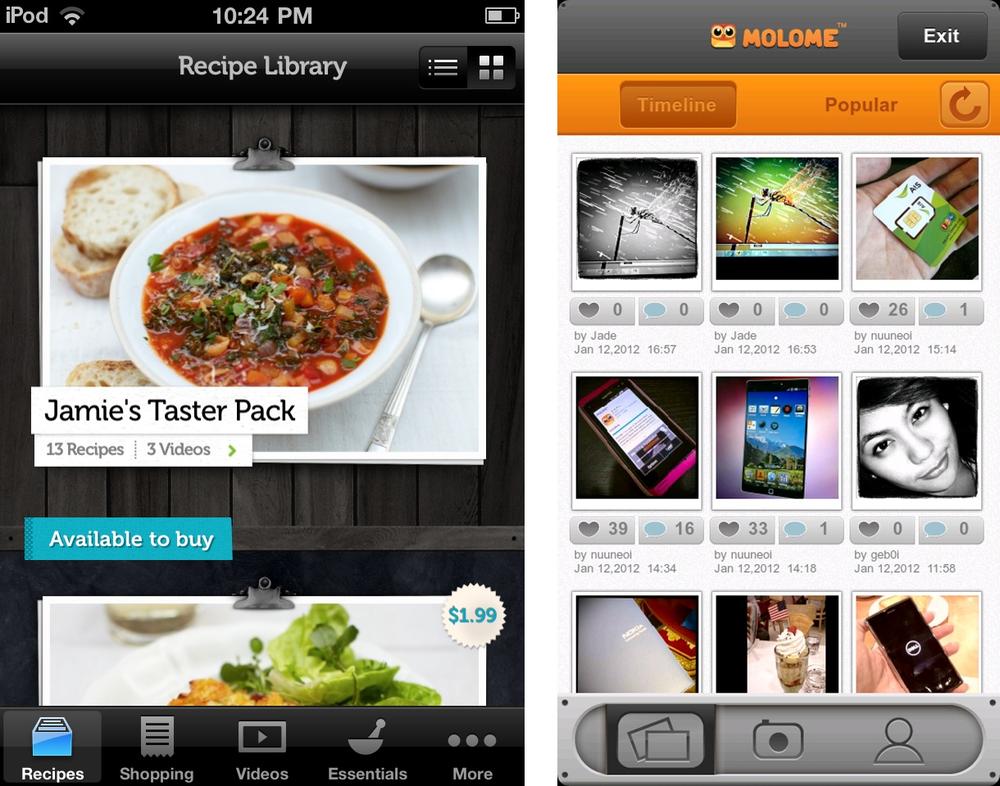 Jamie Oliver Recipes and Molome, bottom tabs