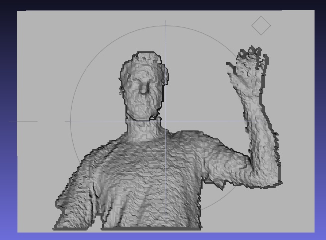 An STL created from the updated version of our scanning sketch showing me waving at the Kinect. You can see how our sketch has connected the edges of my form to the backing plane.