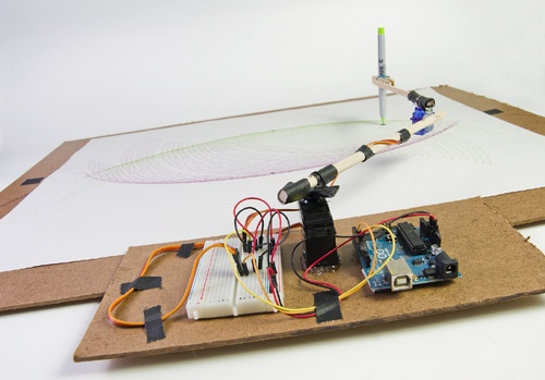 Pete Prodoehl’s Arc-O-Matic controls a Sharpie marker with a pair of servos and an Arduino. Credit: Pete Prodoehl