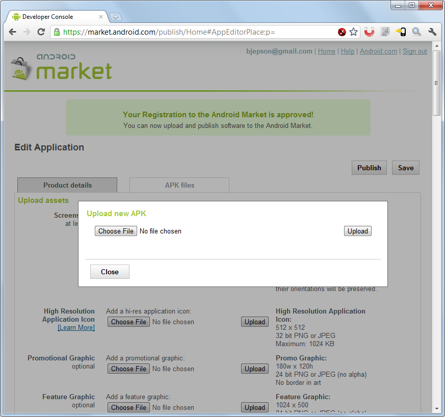 Navigate to the Android Market upload page to submit your app