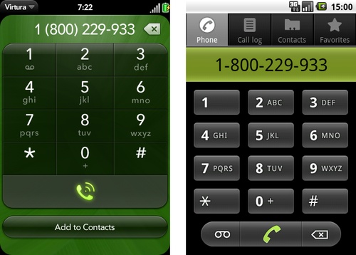 Palm’s webOS and Android show the call window when we activate a tel link