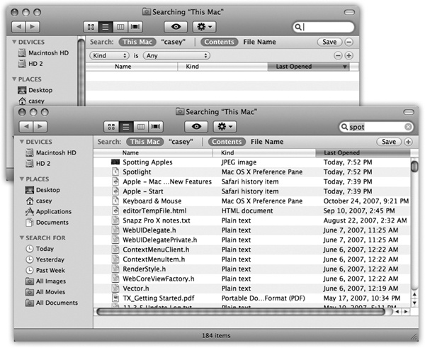 The Spotlight window either lists nothing (top)—or everything on your hard drive (bottom), depending on how you open it. Either way, it’s ready to search your entire hard drive (except other people’s Home folders). But Spotlight has many tricks up its software sleeve.